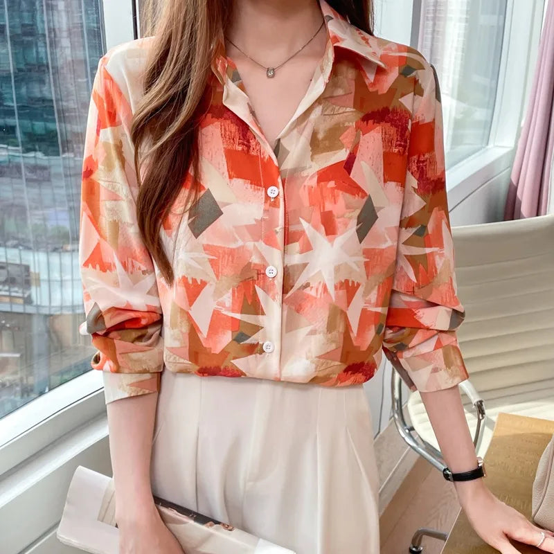 New Style Blouse Shirt Chiffon Puff Sleeve Design Top Printed Floral Formal Office Loose Shirt 5580#