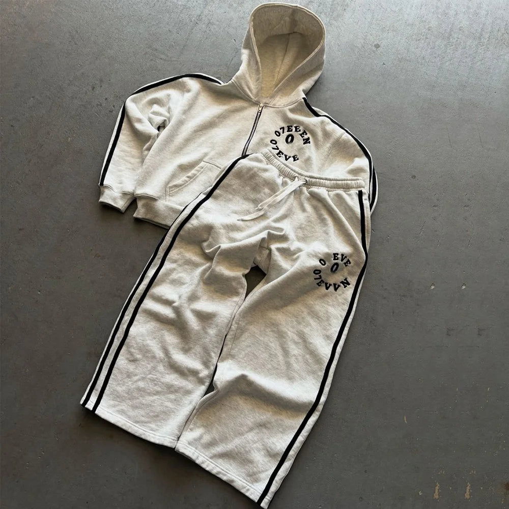 YUCHEN Custom Streetwear Sweatsuit Black Side Stripe Tracksuit Embroidery Zip up Hoodie Sweatpants Sets for Men