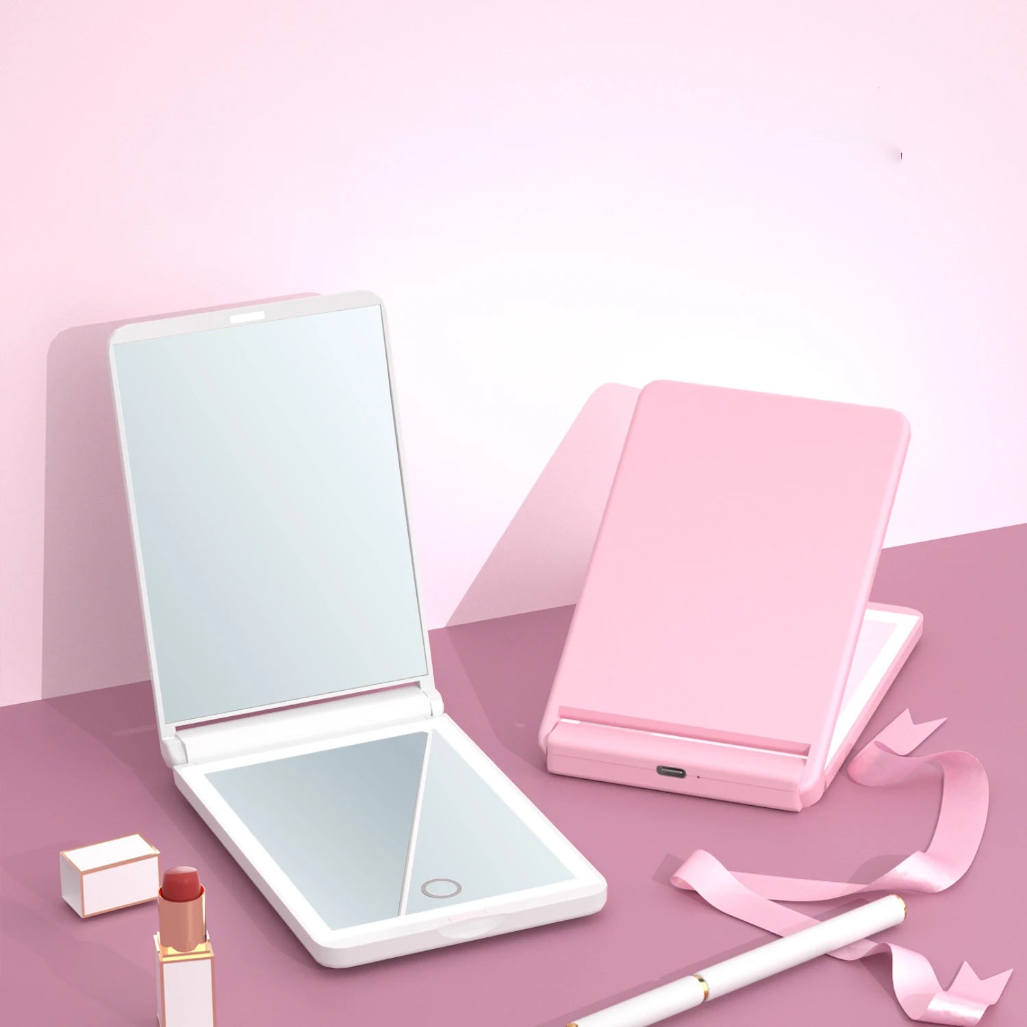 Zonyin 2-Sided Portable Folding Makeup Mirror 2X Magnification 3 Color Lights Handheld LED Compact Travel Makeup Mirror for Girl