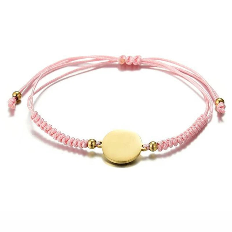 Custom Laser Engraving 18K Gold Plating Blank Coin Bracelets Waterproof Gold Coin Charm Adjustable Braided Rope Bracelet