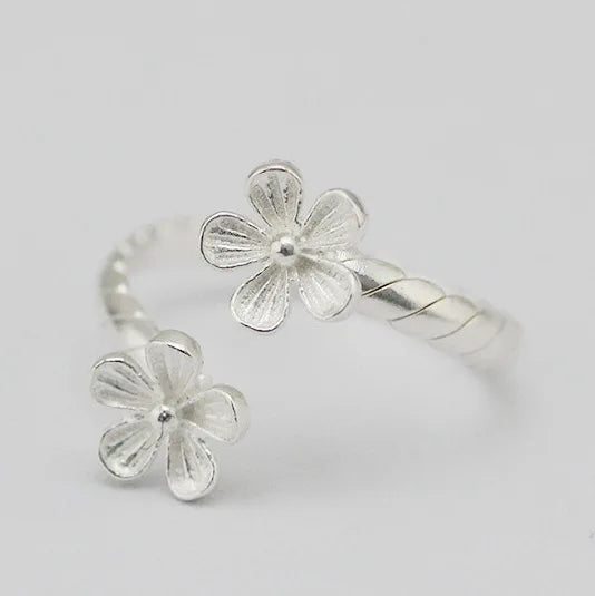925 Sterling Silver Double Flowers Rings for Women Exquisite  Adjustable Open Ring Silver Jewelry