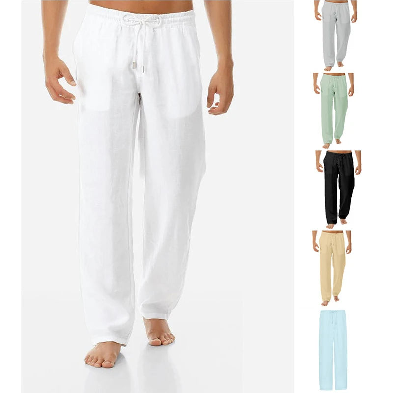 Custom Linen/Cotton Men's Casual Trousers Breathable Lightweight Wide Leg Drawstring Closure Sport Summer Beach Pants Unisex