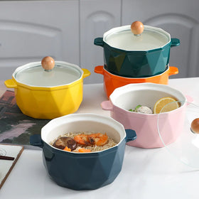 Large Capacity Ceramic Bowl with Cover for Household Student Scatter-proof Noodle Bowl
