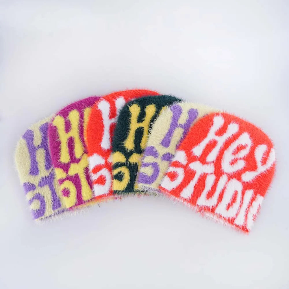 Womans Fuzzy Beanie Mohair Wool Beanie Hat With Custom logo Y2k Wool Knit Mohair Beanie