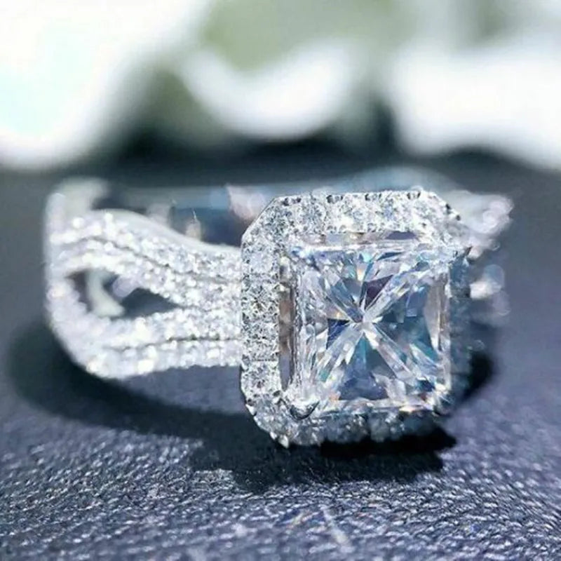 CAOSHI Luxury Cubic Zirconia Diamond Princess Cut Stone 5A CZ Silver Plated Jewelry Women Square Shape Engagement Rings