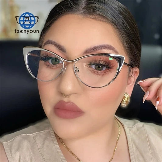 Teenyoun 2024 Vintage Temple Women TR90 Optical Metal Spring Hinge Computer Myopia Cat's Eye Metal Glasses Frame Wholesale