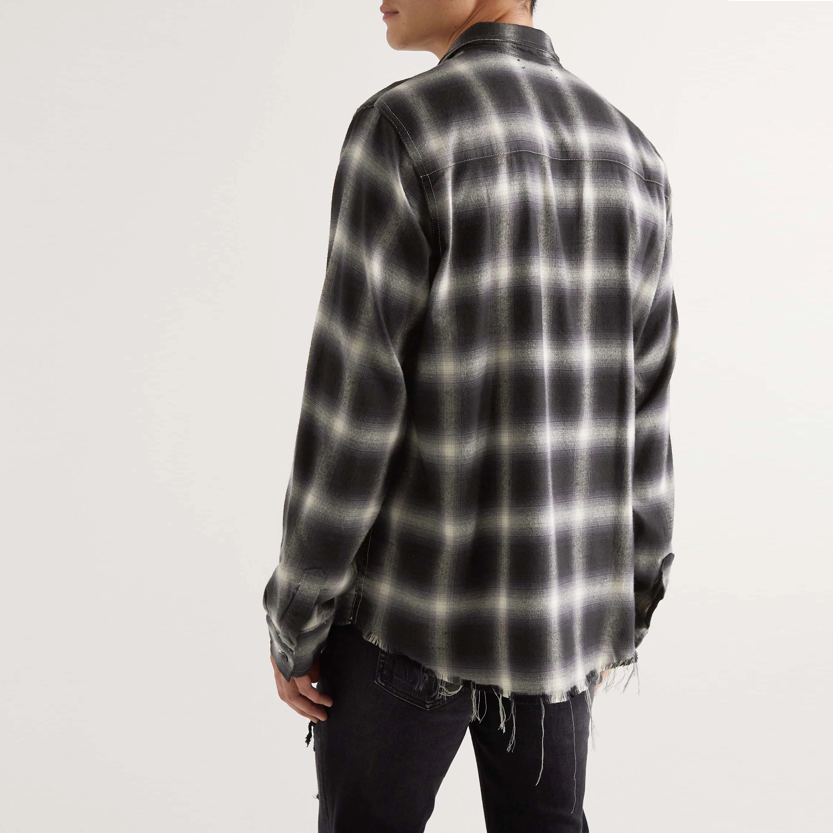 Custom Checked Raw Edge Long Sleeve 100% Cotton Distressed Fashion Vintage Casual Plaid Button England Style Eco-Friendly Autumn