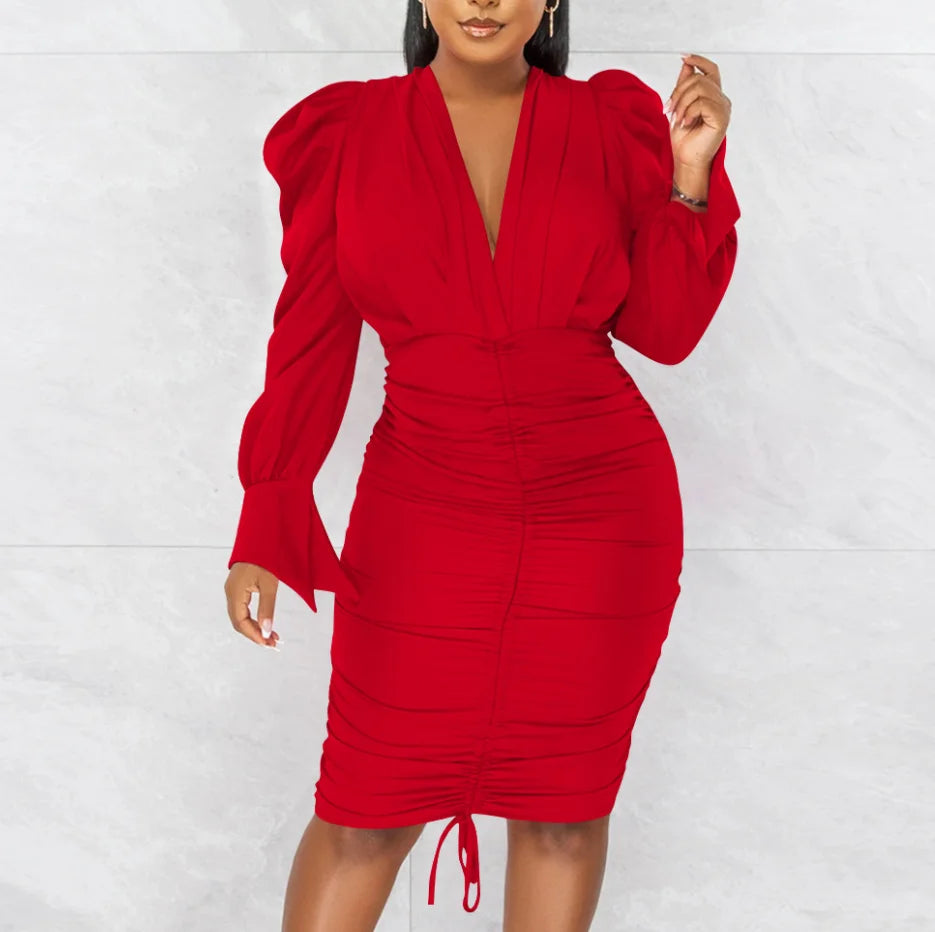 S-2XL Summer Autumn Fashion Casual Solid Dress Long Sleeve Pleated V-Neck Dress Women's Bag Hip Dress