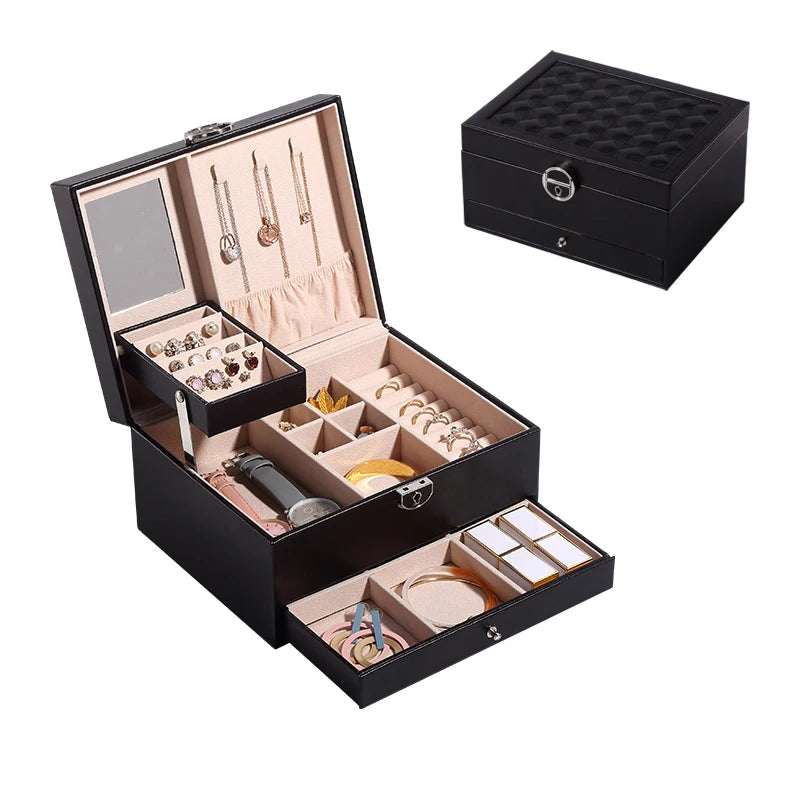 Luxury Wholesale PU Leather 2Layer Large Jewelry Boxes Mirror Necklace Ring Earring Bracelet Watch Jewellery Organizer Gift Case