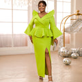 Long Irregular Flare Sleeves Peplum High Slit Women Evening Dresses