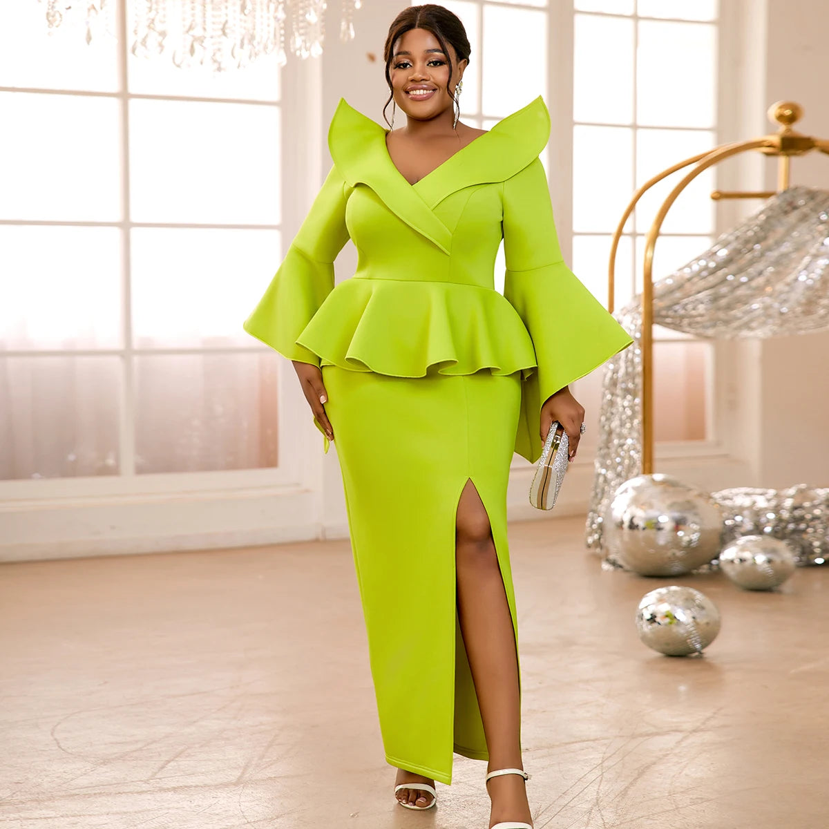 Long Irregular Flare Sleeves Peplum High Slit Women Evening Dresses