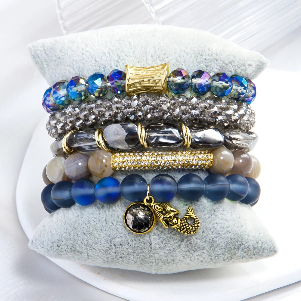 New Fashion Bohemian Women Jewelry Natural Stone Glass Moon Stone Elastic Bracelet Mermaid Pendant 5pcs Stacked Bracelet Set