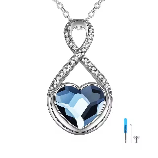 Cremation Jewelry 925 Sterling Silver Zircon Infinite Symbol Heart Blue Crystal Urn Necklace for Ashes