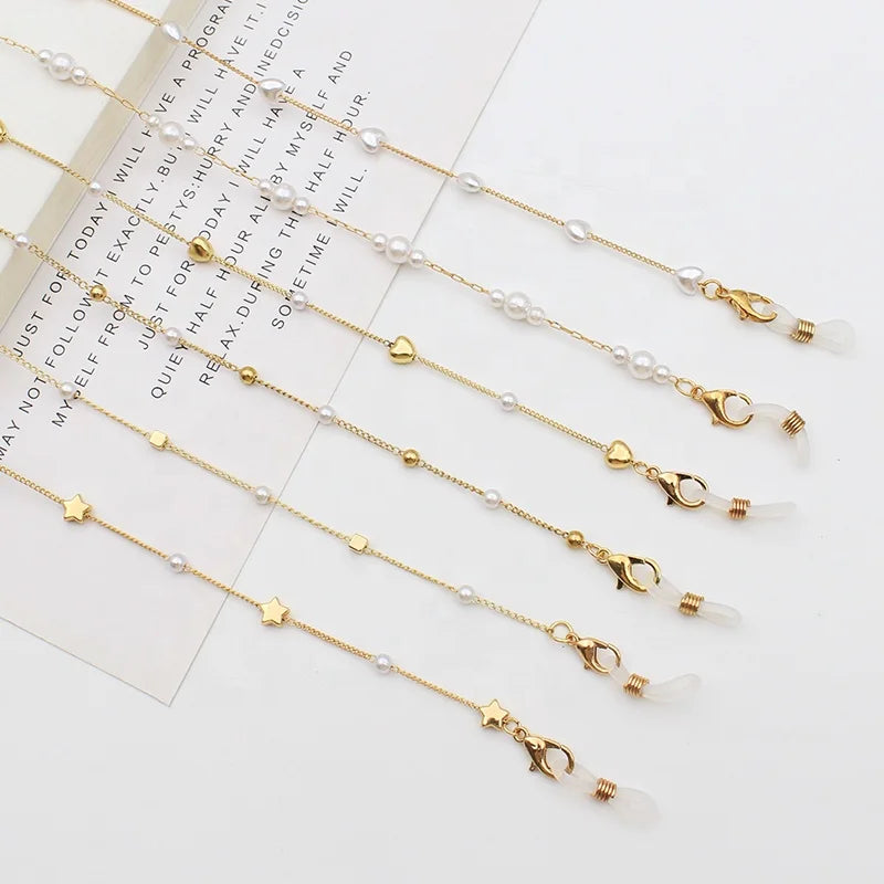 Wholesale Gold Link Glasses Chain Facemask Lanyard Chain Eyeglass Holder Beaded Masking Lanyard Pearls for Glasses
