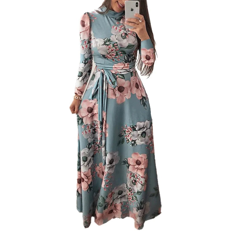 MANNI Custom Women's Casual Maxi Floral Dress Spring O-Neck Long Sleeves Lightweight Printed Fabric Button XS Wholesale Factory