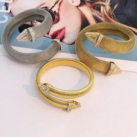 BS2068 Hiphop Chunky Exaggerated Gold Plated Stainless Steel Cobra Mesh Rhinestone Crystal Pave Triangle Spike Open Cuff Bangle