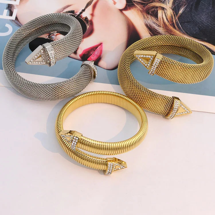 BS2068 Hiphop Chunky Exaggerated Gold Plated Stainless Steel Cobra Mesh Rhinestone Crystal Pave Triangle Spike Open Cuff Bangle