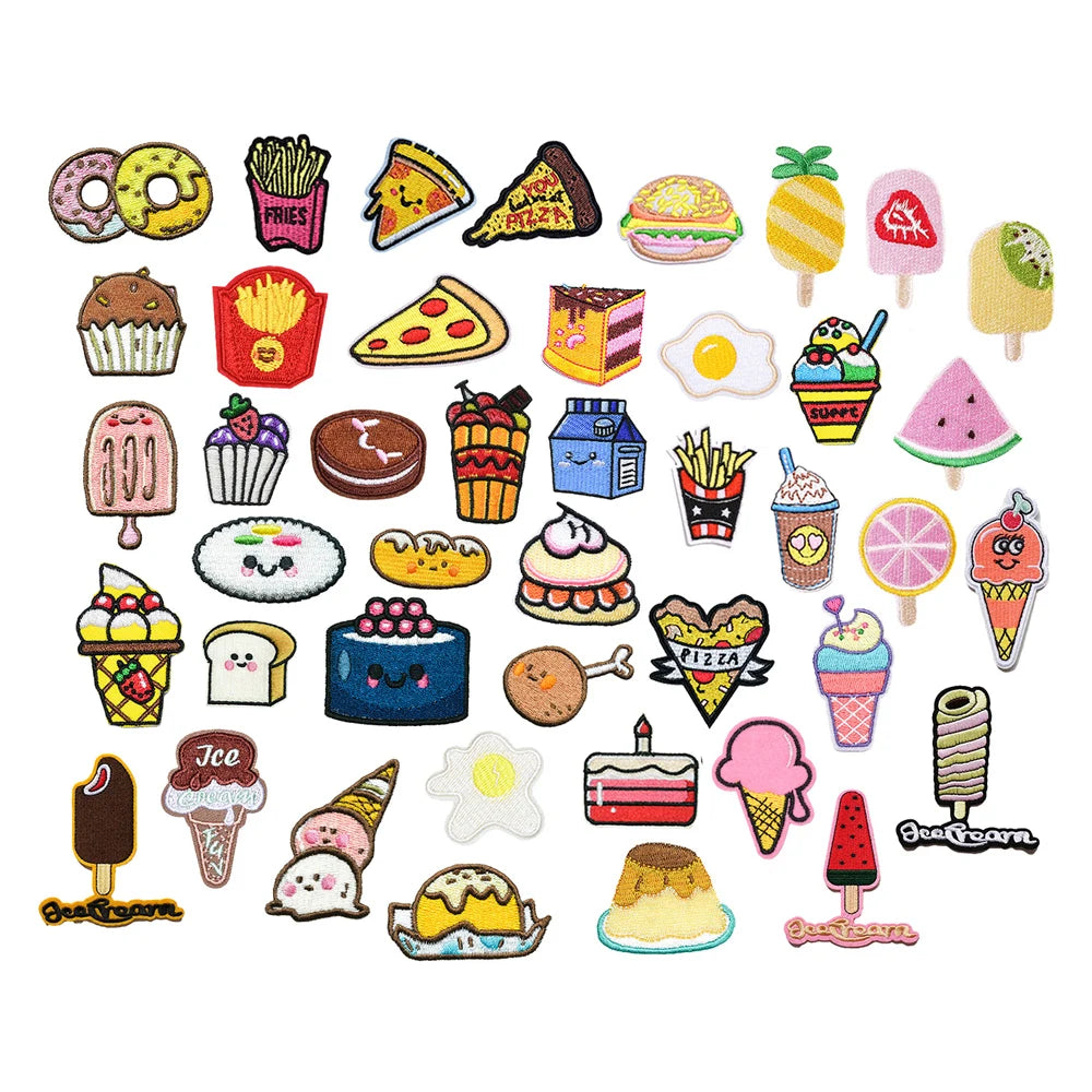 Kawaii New Food Dessert Theme Fruit Ice Cream Cone Donut Cake Pizza Chips Egg Design Iron on Felt Embroidered Patches