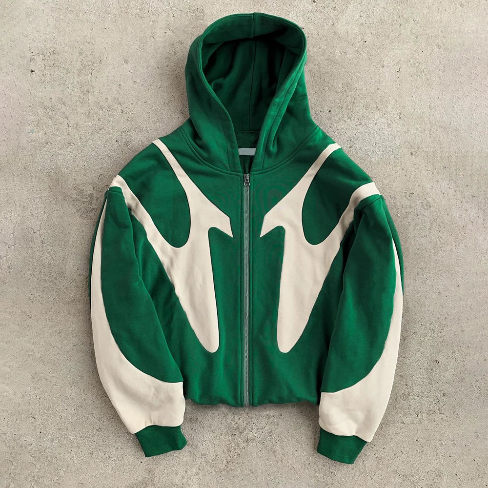 Vintage Oversized Hip Hop Drop Shoulder French Terry Fleece  Zip up Hoodies Men Hooded Sweatshirt Patchwork Hoodies Sweatshirt