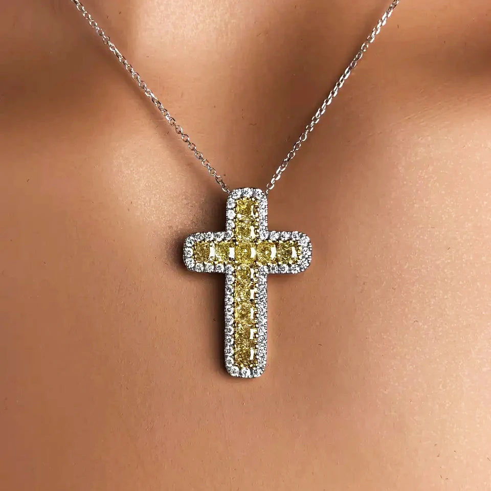 Huitan Exquisite Vintage Jewelry Full Yellow CZ Crystal Gemstones Cross Pendant Party Women Cross Clavicle Necklace