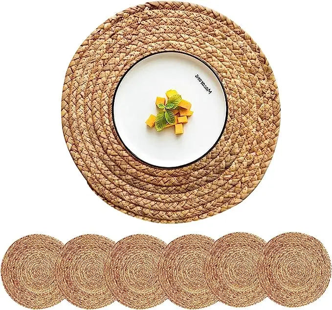 Round Placemats Natural Hyacinth Wicker Placemats Farmhouse Boho Circle Braided Heat Resistant Outdoor Placemats
