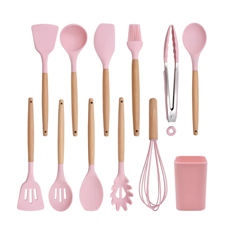Wholesale 12-Piece Kitchen Cookware Set Food Grade Non-Stick Cooking Silicone Utensils with Wooden Handle for Home Kitchen Use