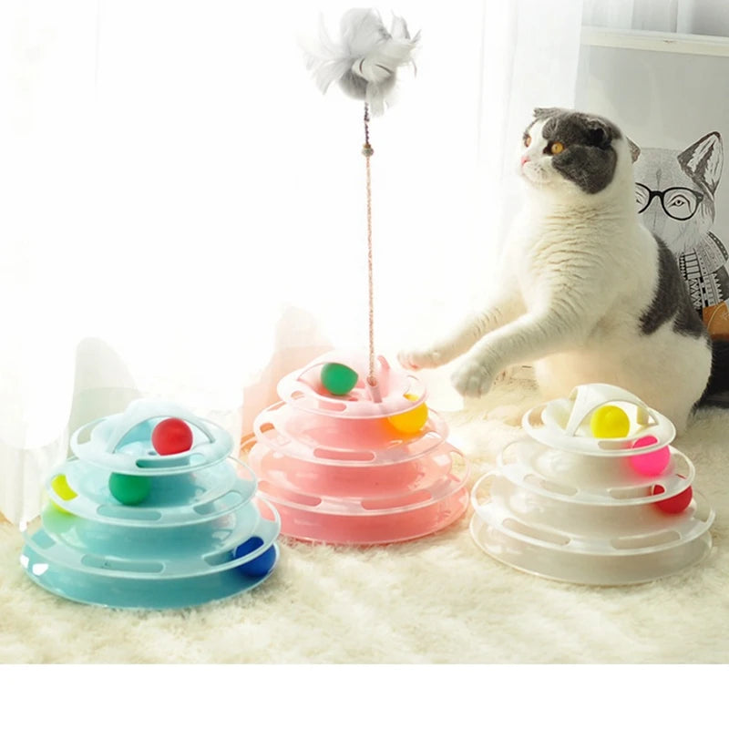 Wholesale Four Layer Tower Tracks Cat Toy Turntable Puzzle Track Toys With Spring Mouse Rolling Ball