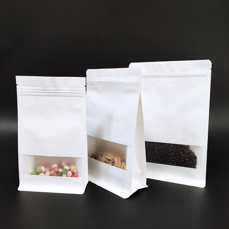 White Kraft Paper Bags With Window Flat Bottom Pouch Resealable Zipper Food Storage