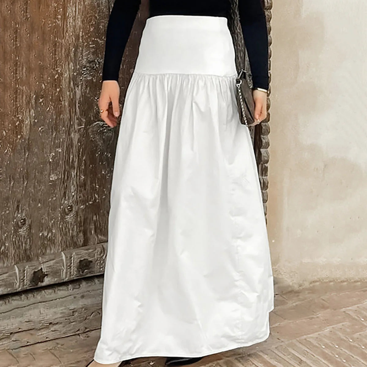 Enyami Elegant Summer Casual Stylish Zip-Up Elegant Casual High Waist Maxi Women Pleated Skirts Solid Cotton White Long Skirt