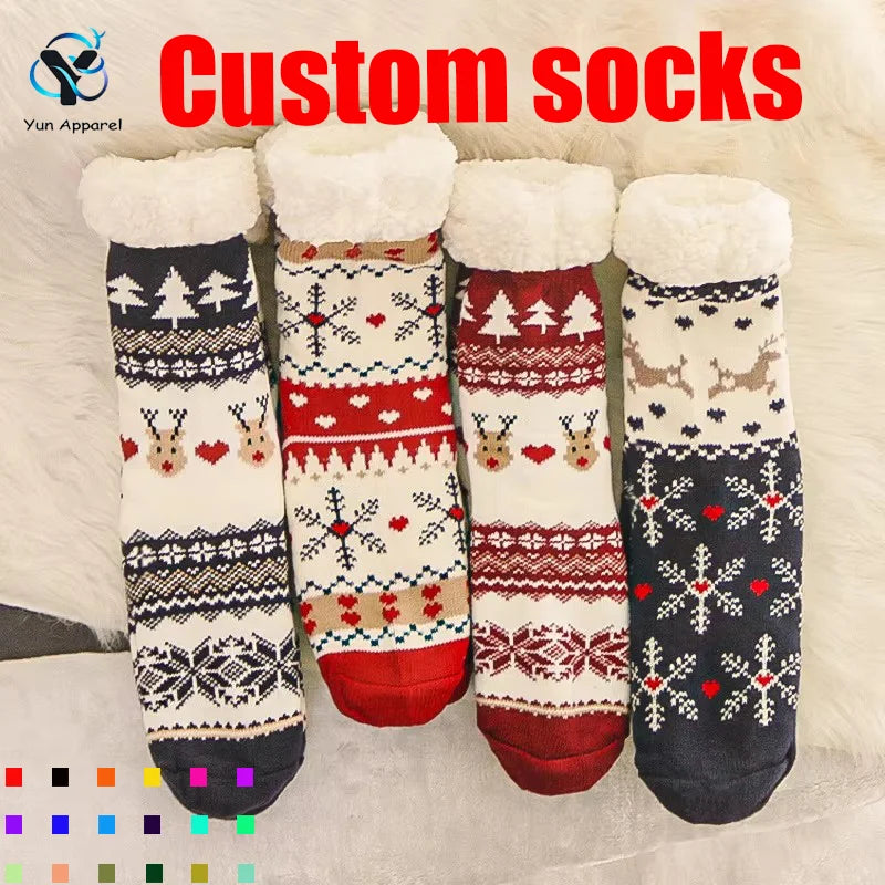 Warm Christmas Fuzzy Slipper Floor Thermal Winter Socks Anti-Slip Knit Fleece Lined Thermal Fluffy Socks Women