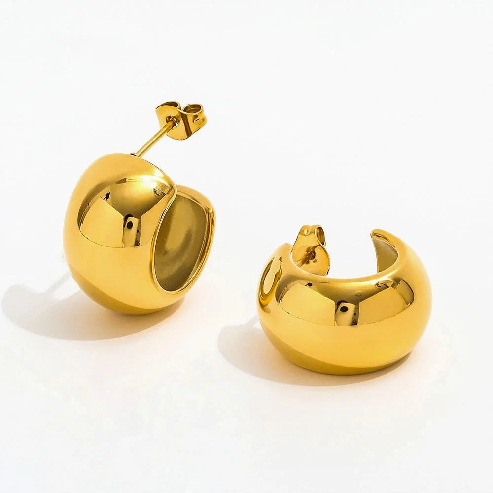 JOOLIM  High End 18K Gold Plated Chunky Smooth Cambered Surface Band C Hoop Earring Stainless Steel Jewelry for Women