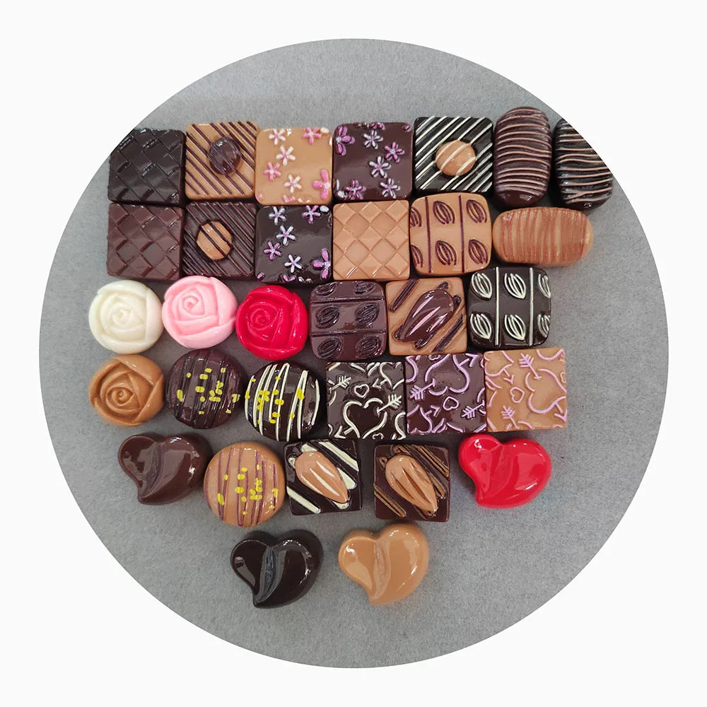Valentine's Day Chocolate Resin Beads Heart Flower Square Round 3D Miniatures Doll House Dessert 100cps Sweet Food Toys