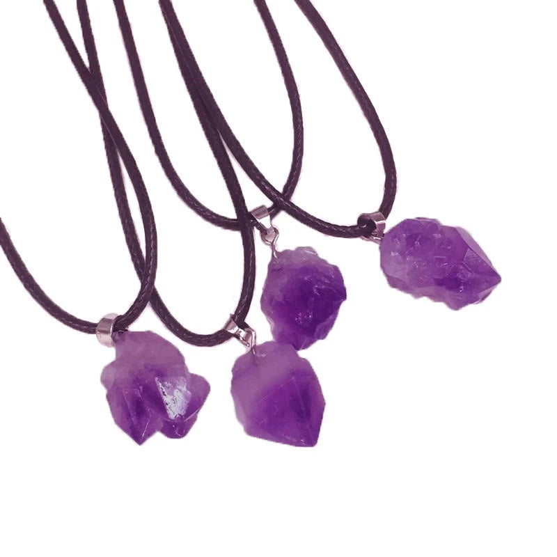 Women's Natural Amethyst Stone Necklace With Diamond Irregular Rock Pendants and Leather Cord Healing Crystal Necklace