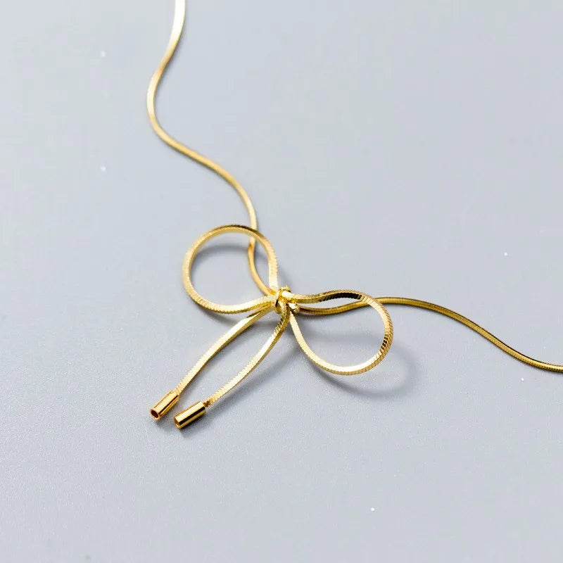 Bowknot Pendant 925 Sterling Silver Necklaces Statement Gold Plated Snake Chain Chokers Necklace Fine Jewelry for Women