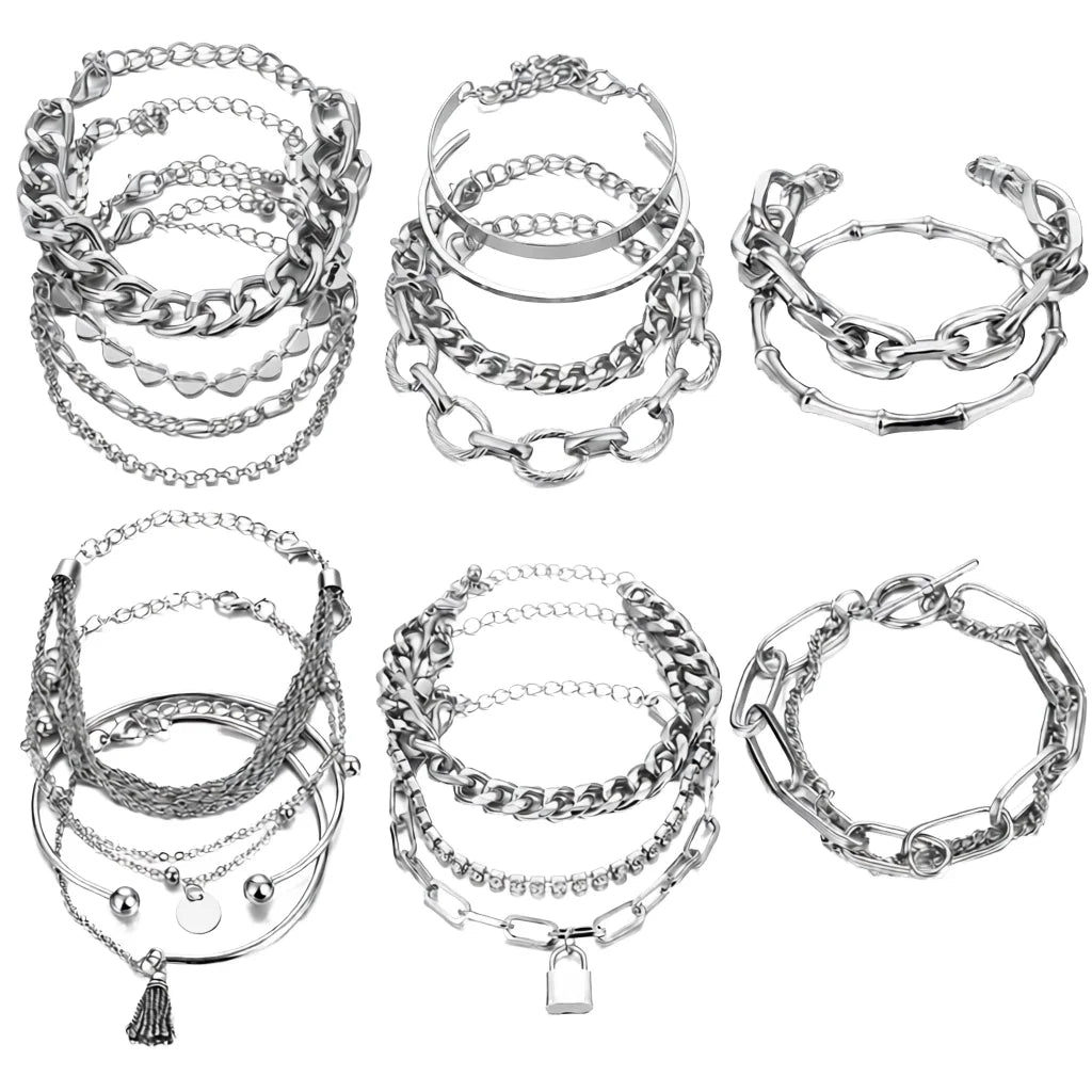 17IF 18-25 PCS(6 Pack) Boho Gold Stainless Steel Natural Stone Punk Bracelets Set Women Stackable Chunky Bangles Chain MegaBDM