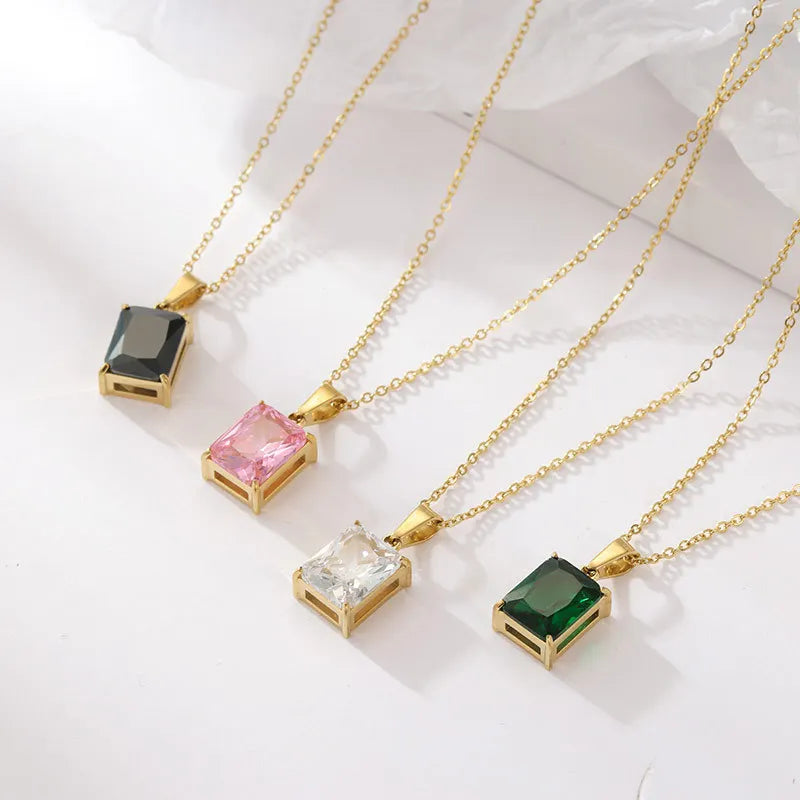 Real 14k IP Gold Plated Titanium Green Emerald Rectangle Zircon Pendant Necklace Stainless Steel Mosinite Diamonds Necklace