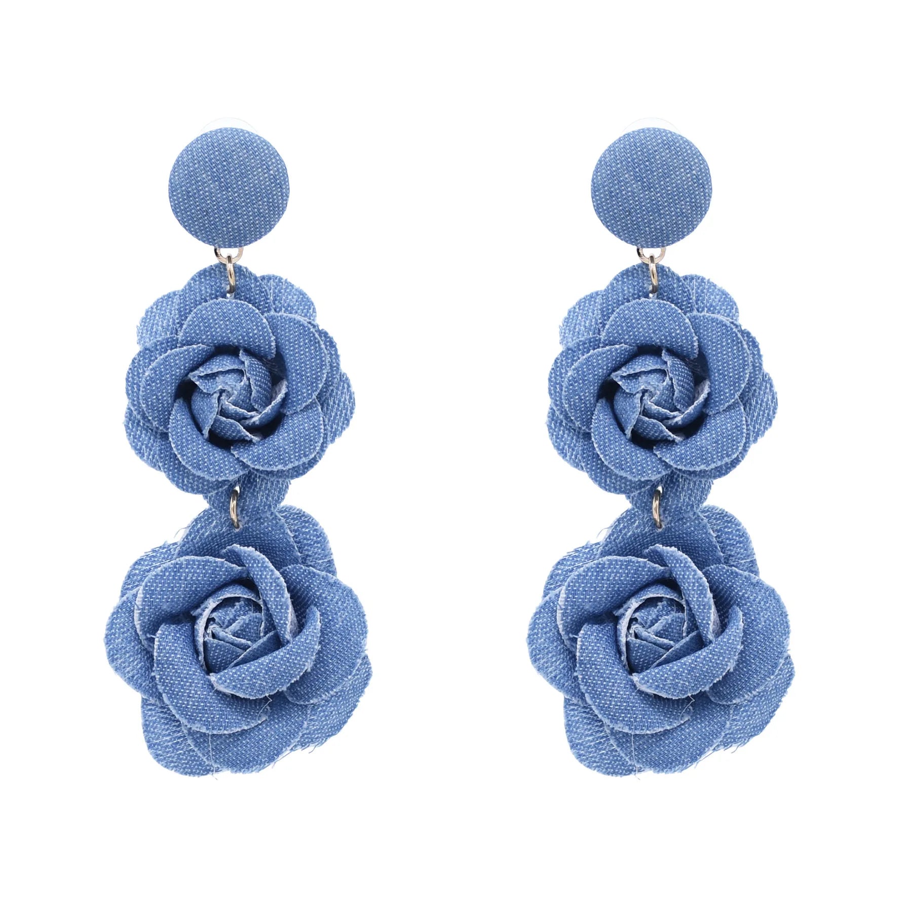 Blue Double Flower Tassels Dangle Women Elegant Vintage Inspired Fabric Flower Dangle Earrings for Women