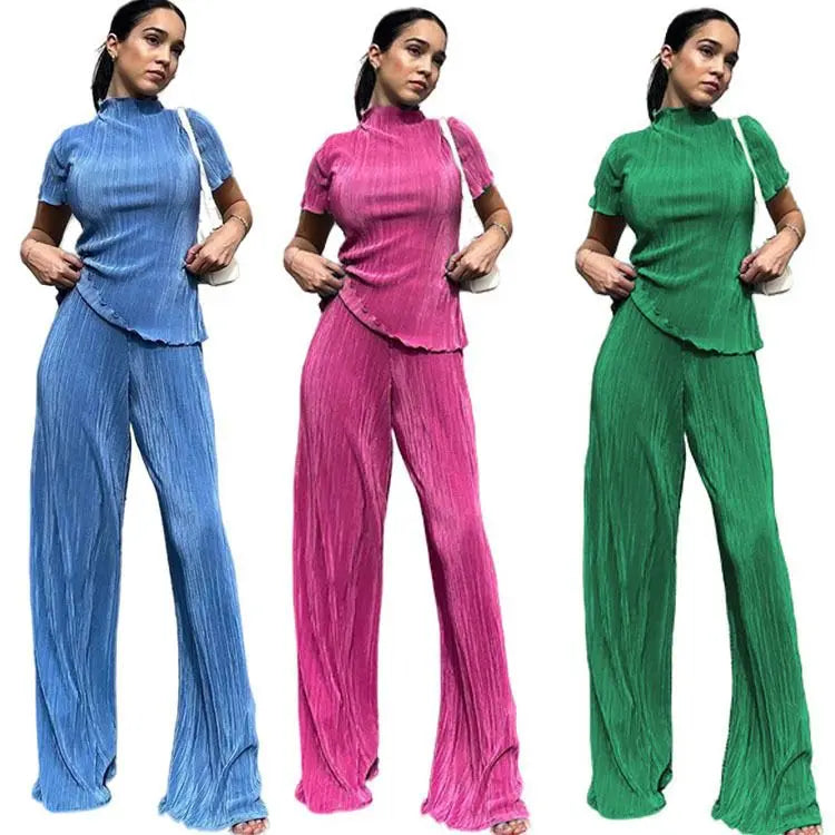 2024 Women Two Piece Double Layer Pleated Solid Color Long Sleeve Slim Casual Sports Suit