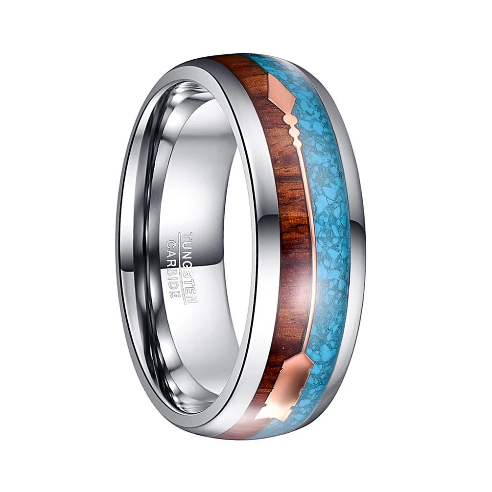 8MM High Polishing Dome Turquoise KOA Wood Veneer Rose Gold Arrow Wholesale Mens Tungsten Rings