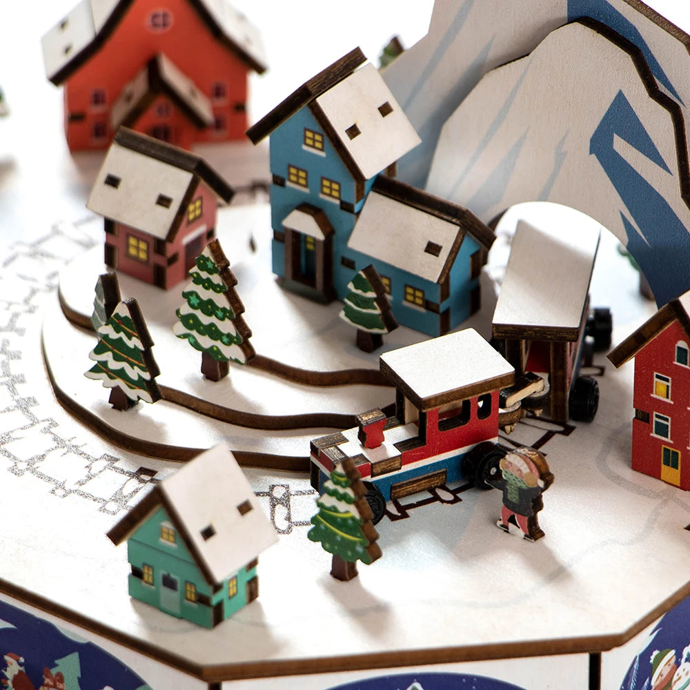 Modern DIY Wooden 3D Puzzle Christmas Village with Small Train UV Printing Christmas Decoration-Factory Wholesale