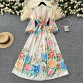 LW0873 2025 New Fashion Print Strap Waistband V-Neck Single Breasted Lantern Sleeve Long Dress Elegant Women'S Dresses