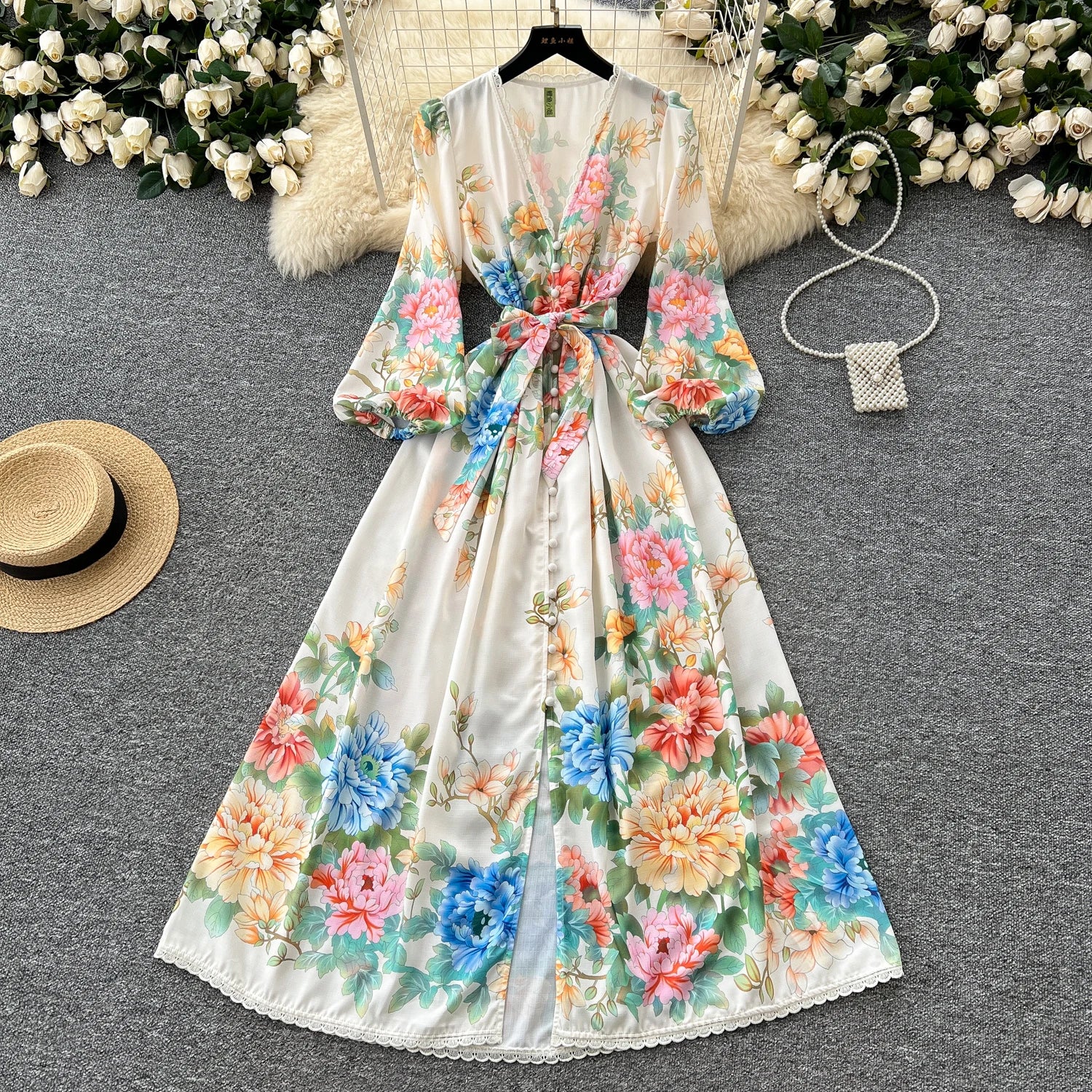 LW0873 2025 New Fashion Print Strap Waistband V-Neck Single Breasted Lantern Sleeve Long Dress Elegant Women'S Dresses