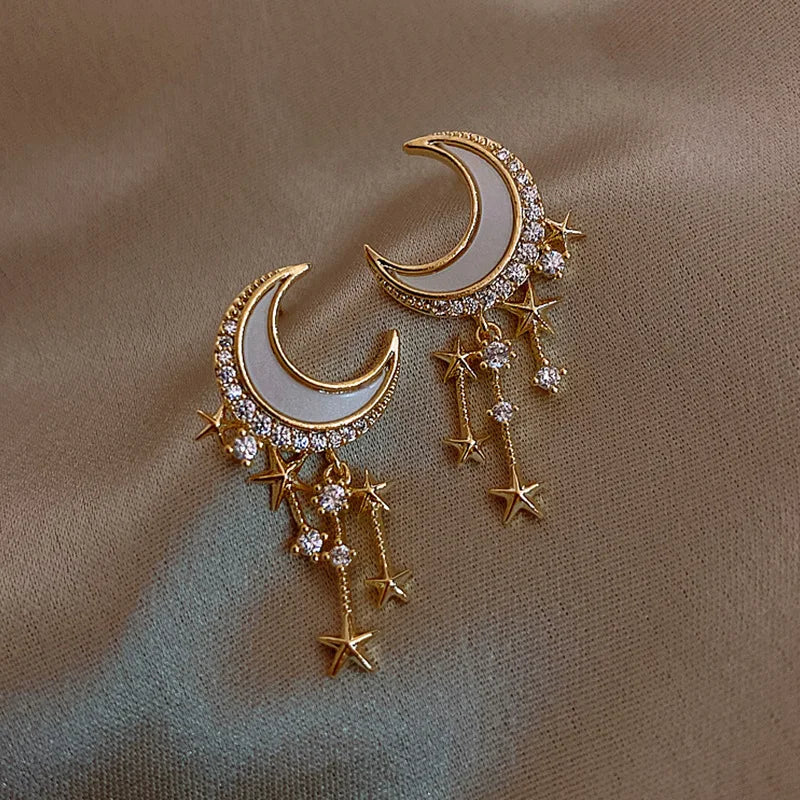 2025 Korean Fashion Simple Moon Tassel Crystal Rhinestone Earrings Women's Gold Plated Wedding Earrings Jewelry