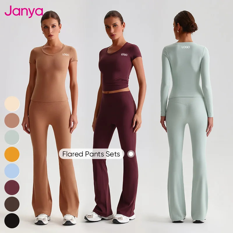 Janya 2026 Women's Breathable Gym Fitness Sportswear Sets Custom Logo Workout Wear 2 Piece Sports Shirt Flare Yoga Leggings Set