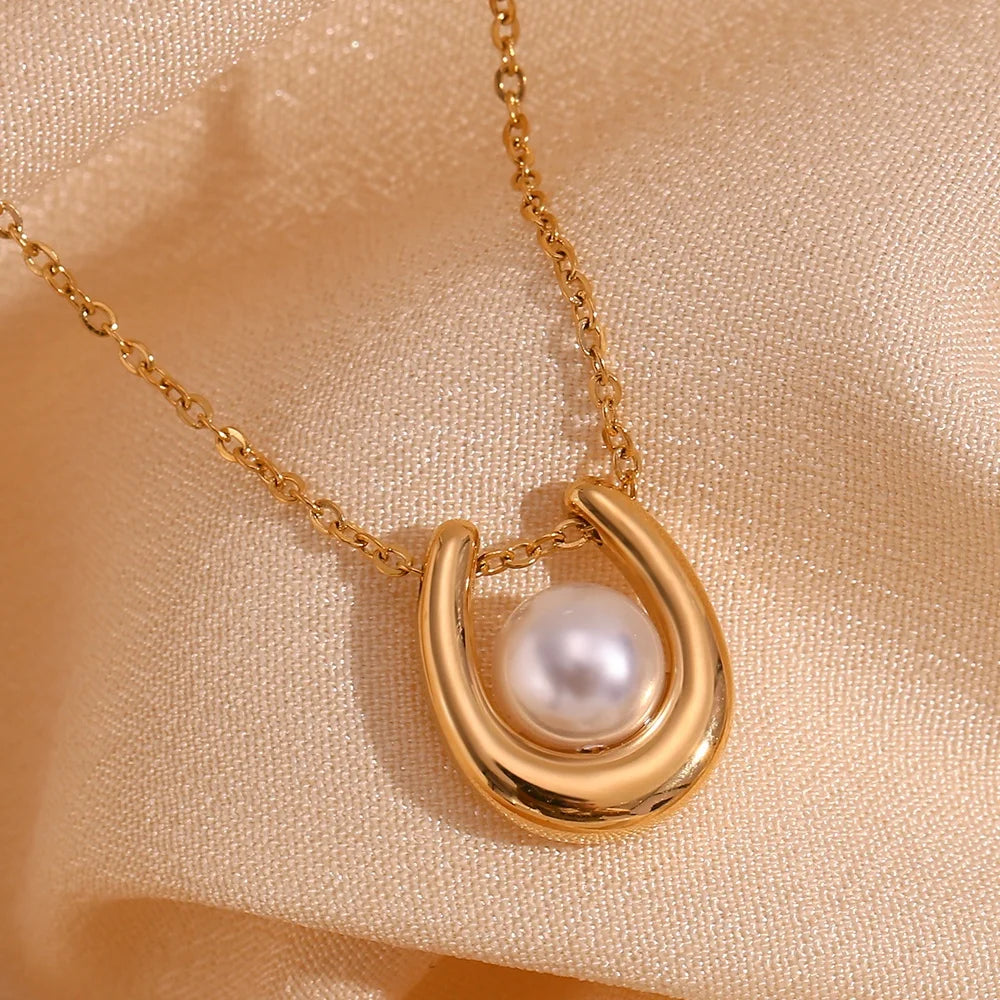 2024 Jewelry Trends Imitation Pearl Pendant Necklace 18k Gold Plated Stainless Steel Jewelry