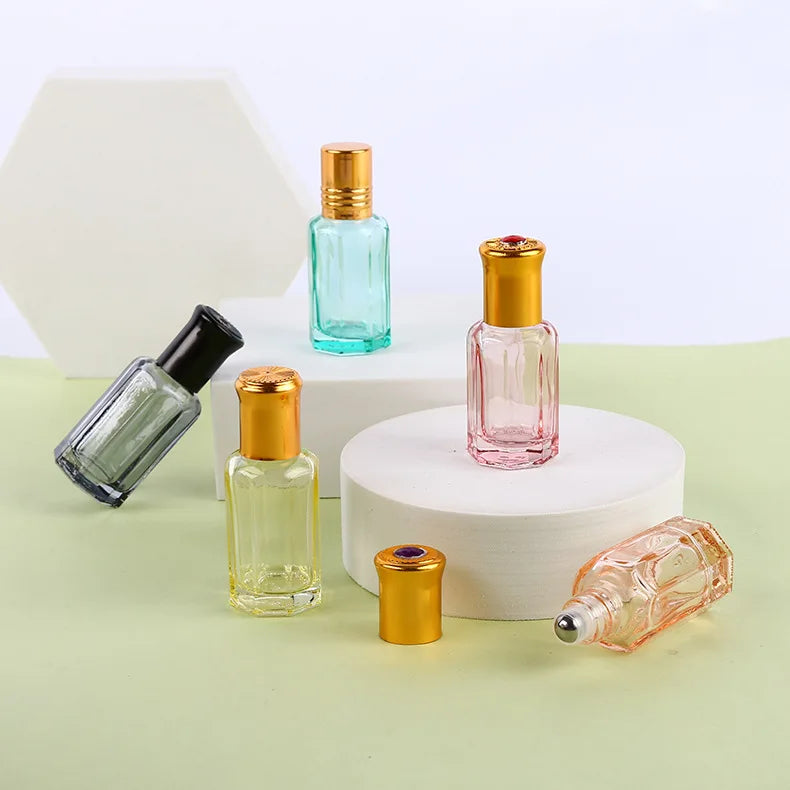 Empty 3ml 6ml 10ml 12ml Octangle Glass Bottles Steel Metal Roller Ball Essential Oil Bottles OEM