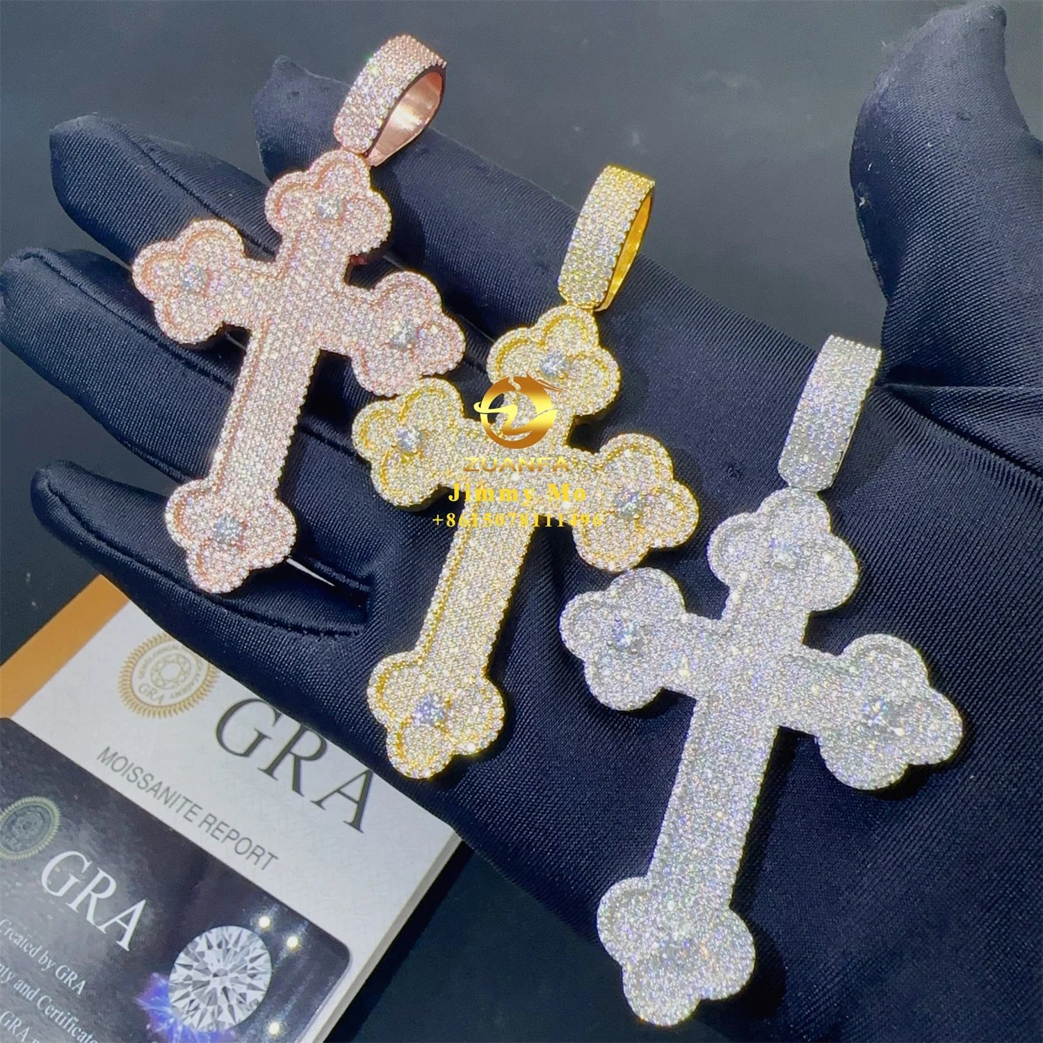 Big Stone Cross Pendant Hiphop Solid Back S925 Iced Out VVS Moissanite Cross Pendant