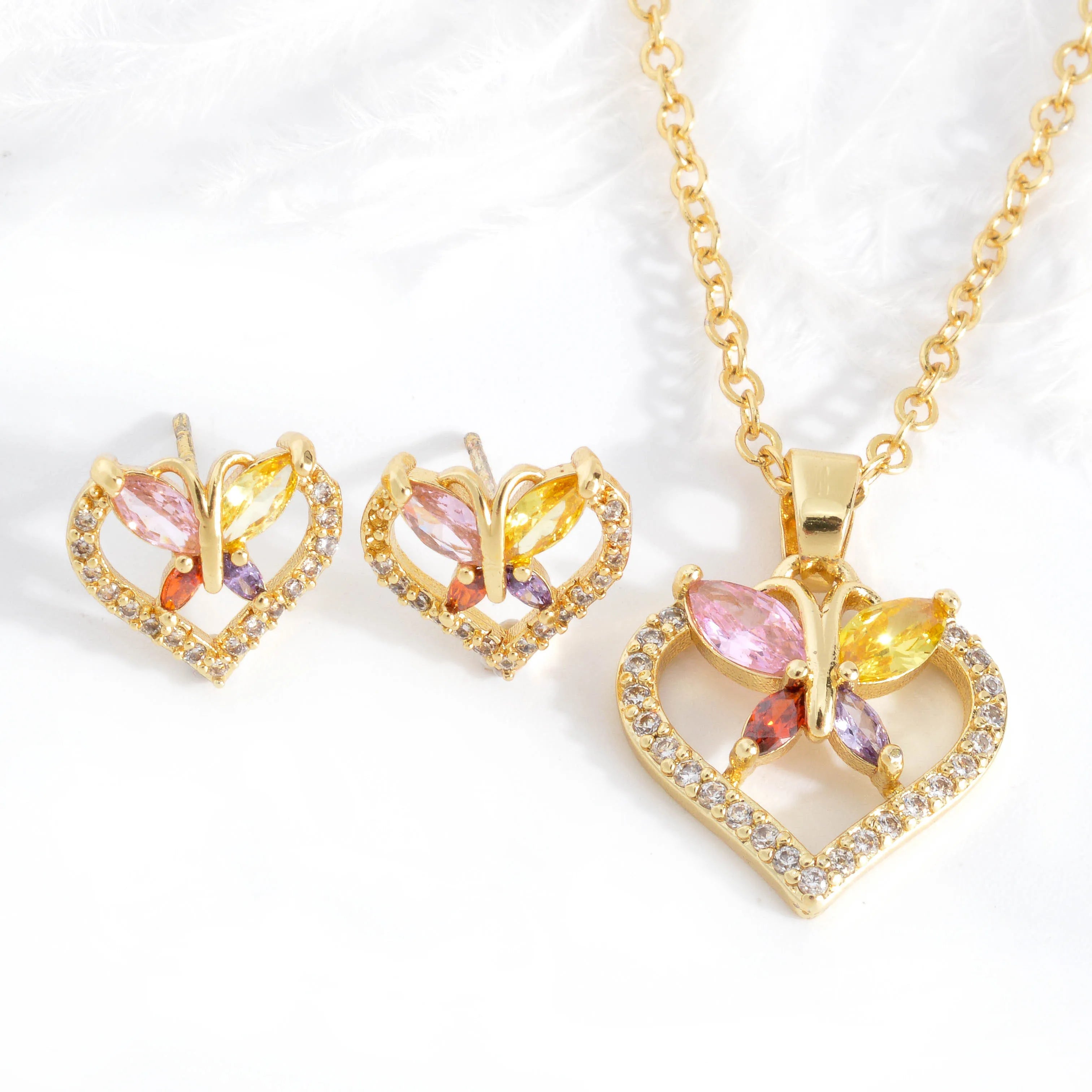 Polygonal Colored Gemstones Inside and Outside Necklace Earrings Plated Gold Jewelry Set
