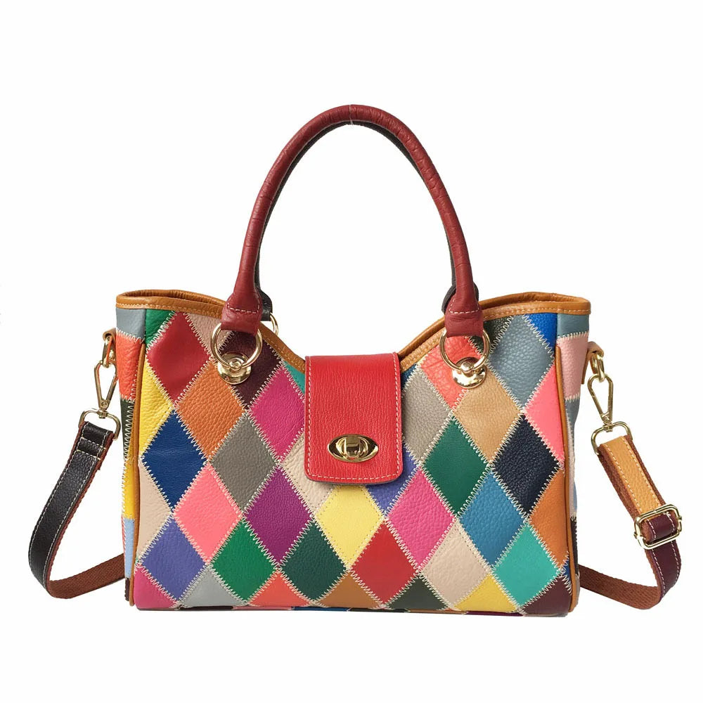 Women Large Tote Bag Genuine Cow Leather Shoulder Messenger Bags Vintage Style Female Handbag Colorful Totes Big Purse