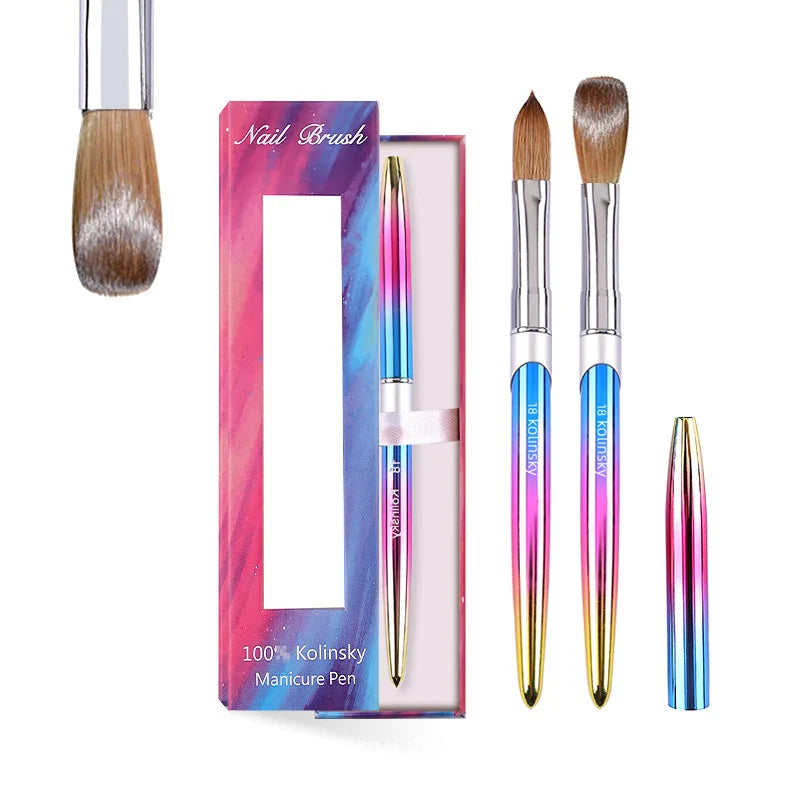 Custom Logo 100% Kolinsky Hair Nail Art Brush Colorful Metal Hand Crimped Round Kolinsky Nail Brush